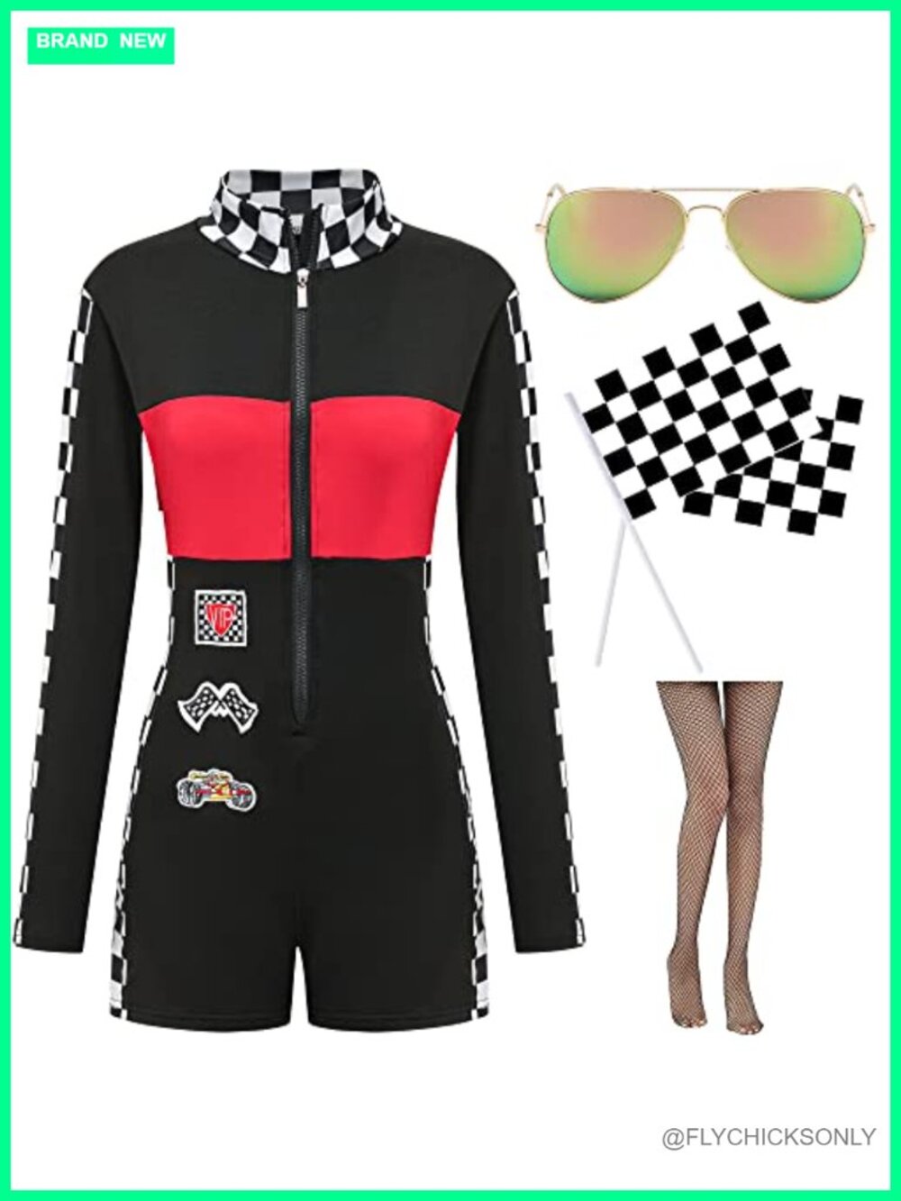 Women's Race Car Driver Costume Jumper Set with Sunglasses, Flags & Fishnets